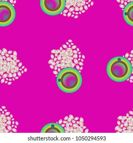 Cup of coffee or tea on beans background seamless pattern.