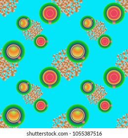 Cup of coffee or tea on beans background seamless pattern.