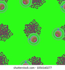 Cup of coffee or tea on beans background seamless pattern.