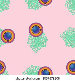 Cup of coffee or tea on beans background seamless pattern.