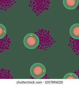 Cup of coffee or tea on beans background seamless pattern.