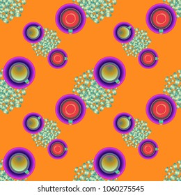 Cup of coffee or tea on beans background seamless pattern.