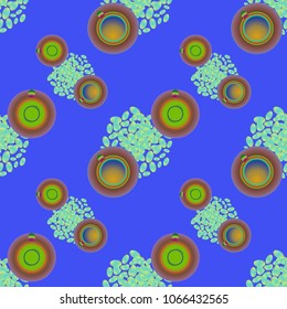 Cup of coffee or tea on beans background seamless pattern.