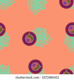 Cup of coffee or tea on beans background seamless pattern.