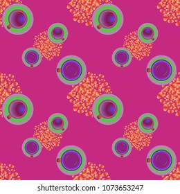 Cup of coffee or tea on beans background seamless pattern.