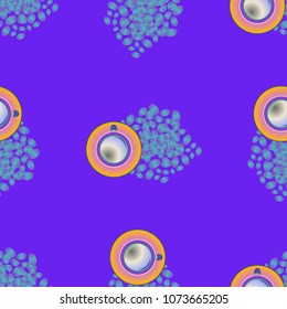 Cup of coffee or tea on beans background seamless pattern.