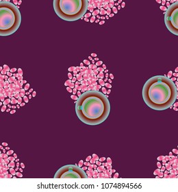 Cup of coffee or tea on beans background seamless pattern.
