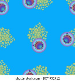 Cup of coffee or tea on beans background seamless pattern.