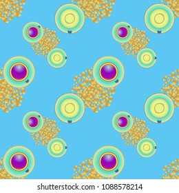 Cup of coffee or tea on beans background seamless pattern.