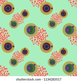 Cup of coffee or tea on beans background seamless pattern.