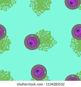 Cup of coffee or tea on beans background seamless pattern.