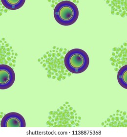 Cup of coffee or tea on beans background seamless pattern.