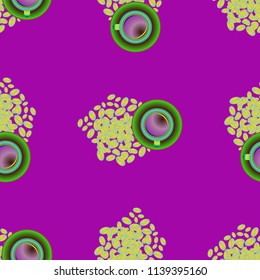 Cup of coffee or tea on beans background seamless pattern.