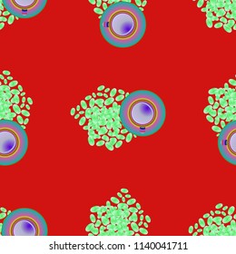 Cup of coffee or tea on beans background seamless pattern.