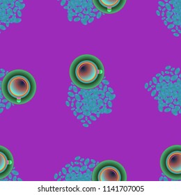 Cup of coffee or tea on beans background seamless pattern.