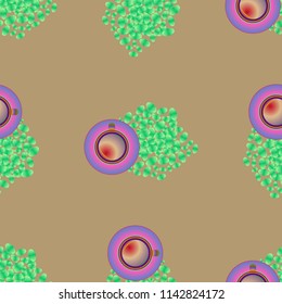 Cup of coffee or tea on beans background seamless pattern.
