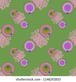 Cup of coffee or tea on beans background seamless pattern.