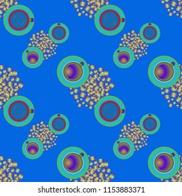 Cup of coffee or tea on beans background seamless pattern.