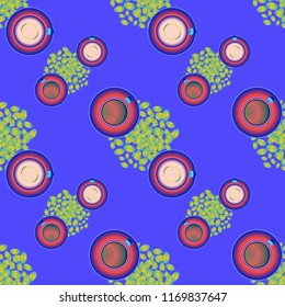Cup of coffee or tea on beans background seamless pattern.