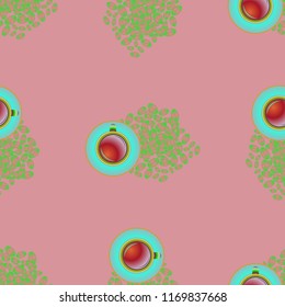 Cup of coffee or tea on beans background seamless pattern.