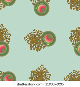 Cup of coffee or tea on beans background seamless pattern.