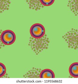 Cup of coffee or tea on beans background seamless pattern.