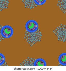 Cup of coffee or tea on beans background seamless pattern.