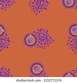 Cup of coffee or tea on beans background seamless pattern.