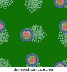 Cup of coffee or tea on beans background seamless pattern.