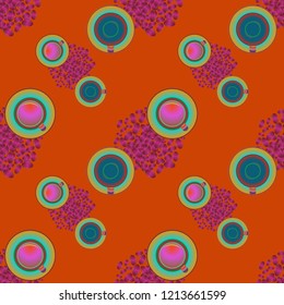 Cup of coffee or tea on beans background seamless pattern.