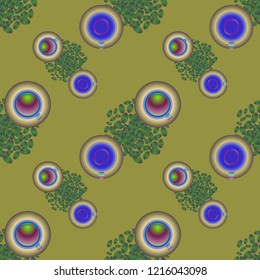 Cup of coffee or tea on beans background seamless pattern.