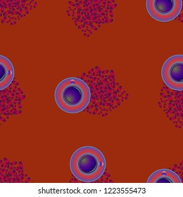 Cup of coffee or tea on beans background seamless pattern.