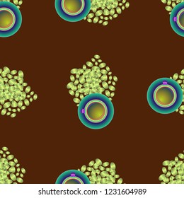 Cup of coffee or tea on beans background seamless pattern.