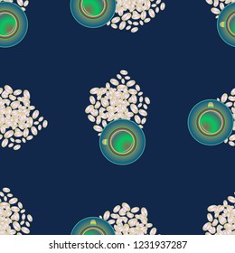Cup of coffee or tea on beans background seamless pattern.