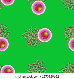 Cup of coffee or tea on beans background seamless pattern.