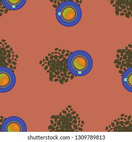 Cup of coffee or tea on beans background seamless pattern.