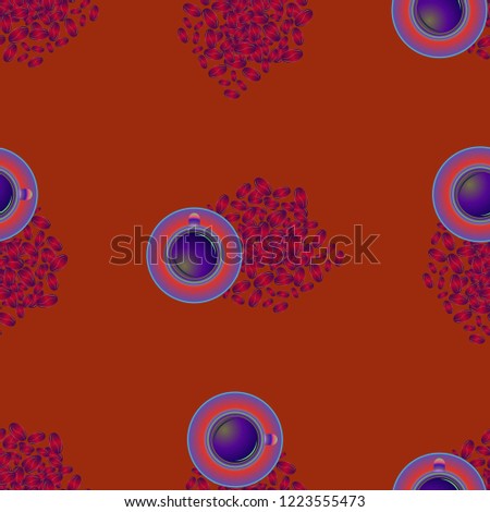 Cup of coffee or tea on beans background seamless pattern.