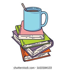 Cup of coffee or tea on book pile. I love reading concept for libraries, book stores, festivals, fairs and schools. Vector illustration isolated on white.