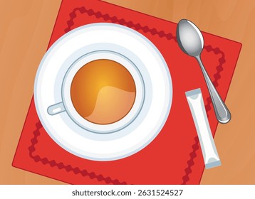 Cup of coffee or tea on a red napkin top view vector illustration. Cup of coffee or tea on a wooden table above view vector. Hot drink, teaspoon, sugar portion stick on the table drawing