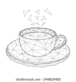 Pocken Sie Kaffee oder Tee auf Untertasse, aus abstrakten futuristischen polygonal schwarzen Linien und Punkten. Vektorgrafik.