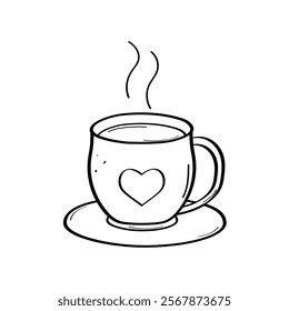 A cup of coffee or tea on a saucer. Vector doodle icon, illustration isolated on white.