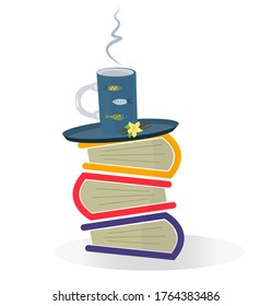 Cup of coffee or tea on a stack of books.
Cartoon vector composition on a white background.
 Vector.