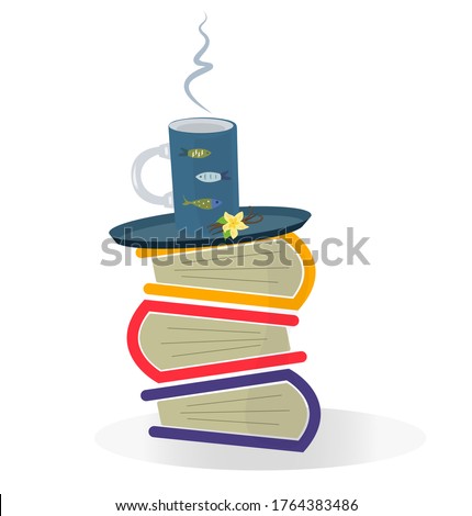 Cup of coffee or tea on a stack of books.
Cartoon vector composition on a white background.
 Vector.