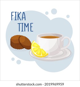 Cup of coffee or tea and pepparkakor. Coffee break fika concept. Isolated hand drawn vector of cute breakfast food.