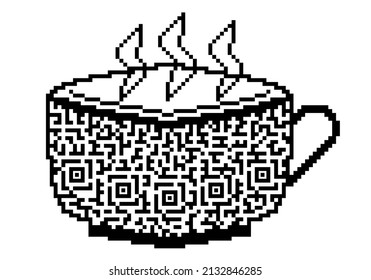 Cup of coffee or tea with QR code texture isolated on white background. Pixelated QR code icon for coffee shop, tea house, cafe , restaurant bill design, logo, trade mark, etc. Vector illustration. 