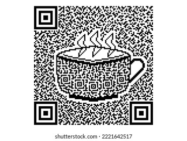 Cup of coffee or tea with QR code texture isolated on white background. Pixelated QR code icon for coffee shop, tea house, cafe , restaurant bill design, logo, trade mark, etc. Vector illustration. 