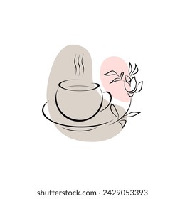A cup of coffee  or tea with rose flower made in vector. Isolated on the background and easy to use for  cafe, coffee bar, menu.