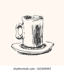 Cup of coffee or tea and saucer icon, in sketch hand drawn style, for food and restaurant business design. Vector