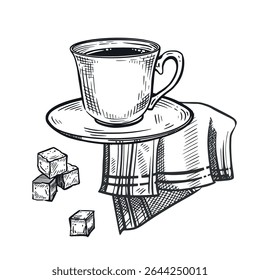 Uma xícara com café ou chá e um pires, guardanapos e açúcar em pedaços. Composição. Todos os objetos são desenhados à mão com tinta. Para impressão em tecido, papel, para decoração de cafés, confeitarias, lojas.