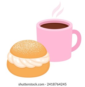 Cup of coffee or tea and semla (swedish whipped cream bun). Isolated vector illustration of sweet pastry.